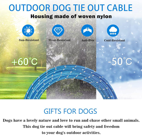 Dog Tie Out Cable 10ft/15ft/20ft/30ft Dog Runner for Yard and Outdoor with Swivel Hook Green/Blue/Purple Reflective Lead Dog Chains for Training M...