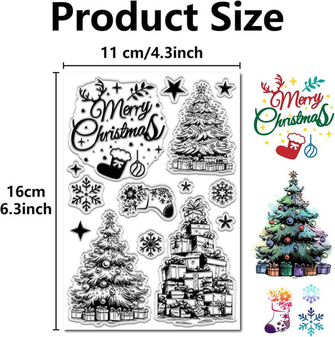 CRASPIRE Merry Christmas Tree Clear Rubber Stamps Xmas Snowflake Star Gift Reusable Vintage Transparent Silicone Seal Stamps for Winter Holiday DI...