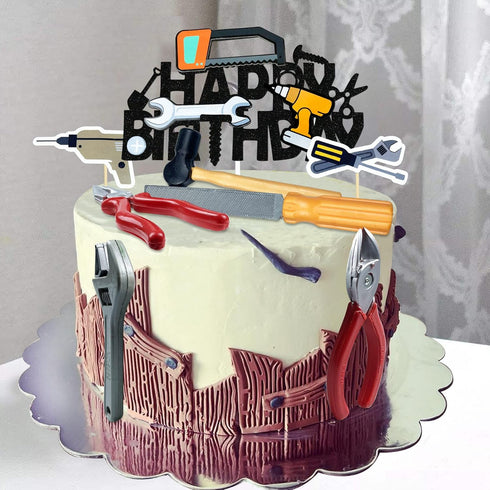 18PCS Tools Cake Topper Tools Cake Decorations Toolbox Wrench Hammer Mechanic Drill Plier Handsaw Tape Measure Screwdrivers Themed Happy Birthday ...