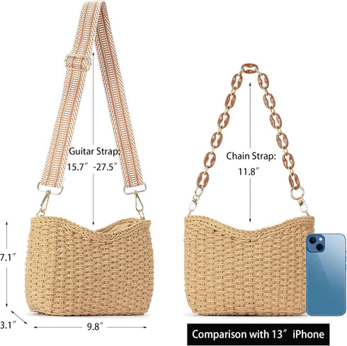 Herald Small Handmade Straw Pocketbook Crossbody Bag for Women, Summer Chic Woven Handbag Shoulder Purse with Chain...