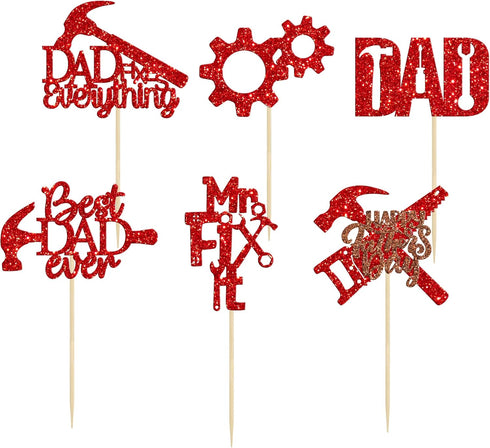 24 Pack Happy Father's Day Cupcake Toppers Tool Construction Red Glitter Best Dad Ever Dad Fix Everything Cupcake Picks for Happy Father's Day The...