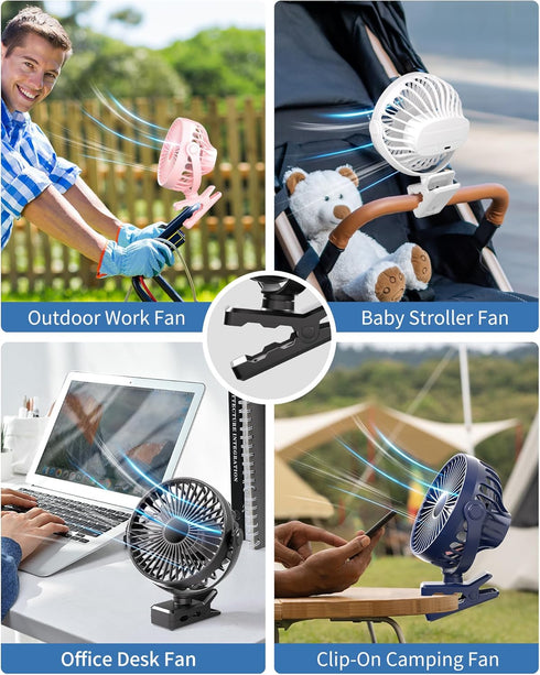 Portable Clip on Fan, Small Powerful Wind Cooling Desk Fan, 3 Speed Quiet Personal Fan with Clip, 360° Rotatable Battery Operated Rechargeable Min...