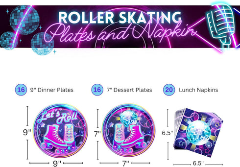 Blue Orchards Roller Skating Party Plates and Napkins (52 pieces for 20 Guests) - Roller Skating Party, 90s Party Supplies, Roller Skate Plates An...