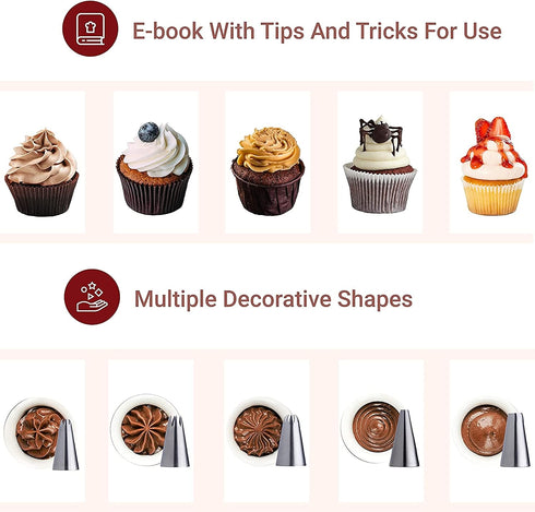 KITCHTIC Piping Bag Set - Large Reusable Cotton, Round Shape, 6 Pieces, Includes Nozzles, Adapter, Cleaning Brush & E-Book with Cake Decoration Ti...