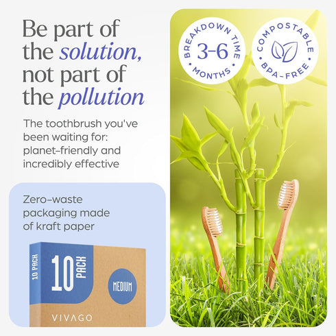 Bamboo Toothbrushes Medium Bristles 10 Pack - BPA Free Medium Bristles Toothbrushes for Adults | Eco-Friendly, Compostable & Biodegradable Toothbr...