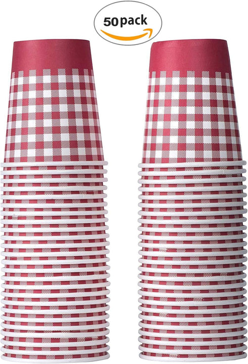 Hammont Picnic Cups – 9 oz Gingham BBQ Party Supplies - Birthday | Backyard | Picnic Decorations - Red & White Checkered Disposable Paper Cups (50...