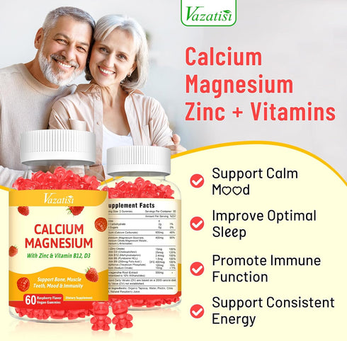 Calcium Magnesium Zinc Gummies with Vitamin D3 & B12, Sugar Free Calcium Supplements for Women Men Support Bone, Muscle Teeth, Mood & Immunity, Ve...