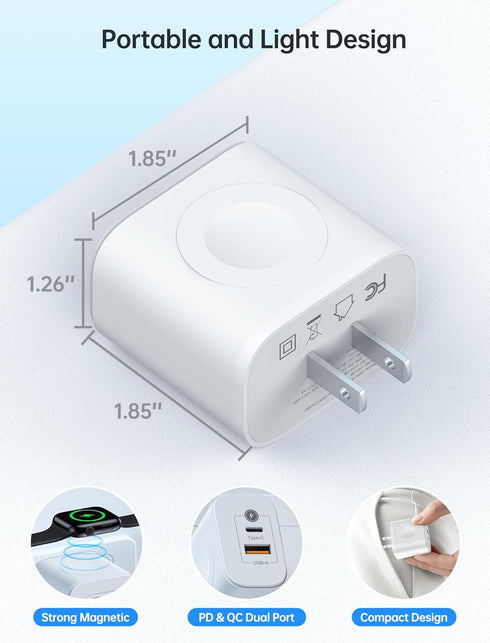 3 in 1 Charger Block with Built-in Watch Charger, 20W Portable Dual Ports Charging Brick USB C Wall Plug for Apple Watch 9/8/7/6/5/4/3/2/1/SE/Ultr...