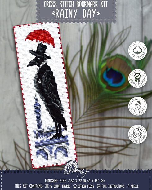 Rainy day' Counted Cross Stitch Bookmark Kit for Adults - DIY Embroidery Book Marker Set with Paper Pattern, 16 Count Aida Canvas and Pre-Sorted ...