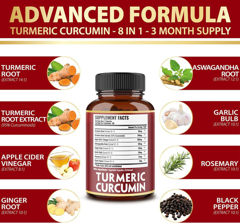 7 in 1 Turmeric Curcumin + Apple Cider Vinegar Capsules, Equivalent to 4080mg, 3 Month Supply with Ashwagandha, Ginger, Garlic Bulb, 95% Standardi...
