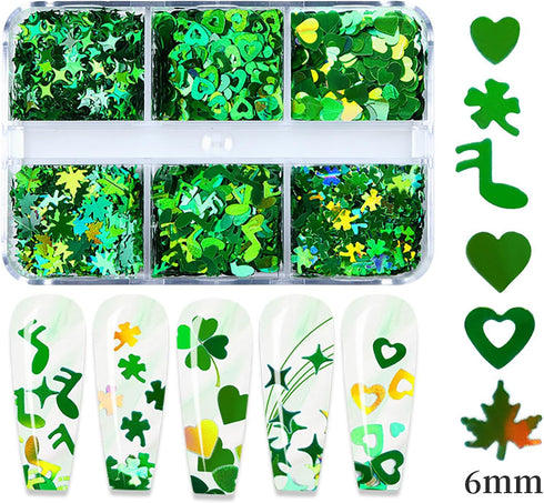 12 Grids St. Patrick’s Day Nail Glitters Sequins, Green Clover Nail Art Confetti 3D Holographic Shiny Nail Flakes Acrylic Irish Nail Art Supplies ...