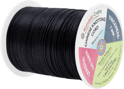 Mandala Crafts Nylon Satin Cord 1mm Rattail Cord Black String - 100 Yds Nylon Chinese Knotting Cord Rat Tail Silk Cord for Bracelet Necklace Jewel...