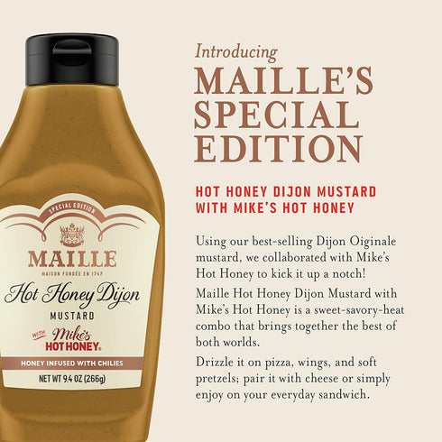 Maille x Mike's Hot Honey Special Edition Savory-Sweet Condiment with a Spicy Kick Hot Honey Dijon Mustard Gluten-Free, Shelf-Stable 9.4oz...