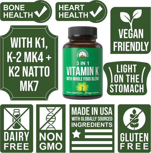 Vitamin K with Whole Food Blend of 25+ Vegetables and Fruits for Max Absorption. Vegan Capsules Supplement. Vitamins K1, K-2 MK4 + K2 Natto MK7. A...