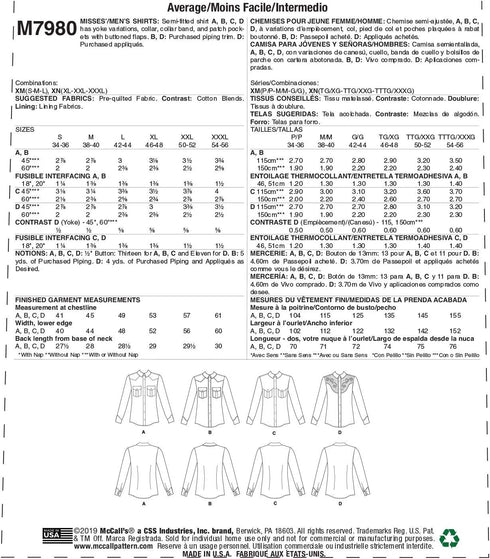 McCall's M7980, Sewing Pattern,Template, various, White...