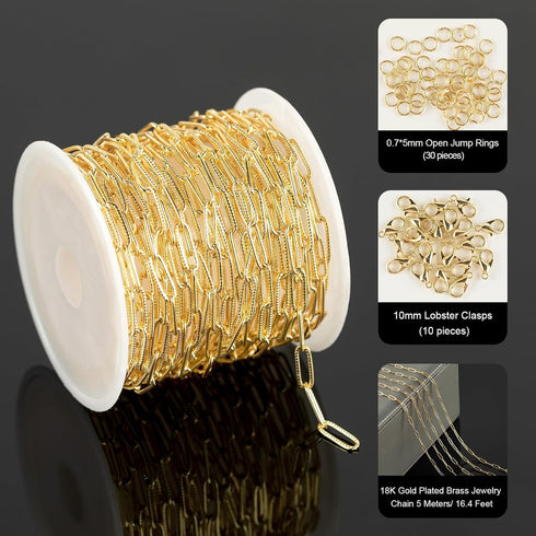 YOUBEIYEE 16.4 Feet Light Gold Embossed Paperclip Chain for Jewelry Making 18K Gold Plated Brass Chain Roll Women Necklace Bracelet DIY Jewelry Su...