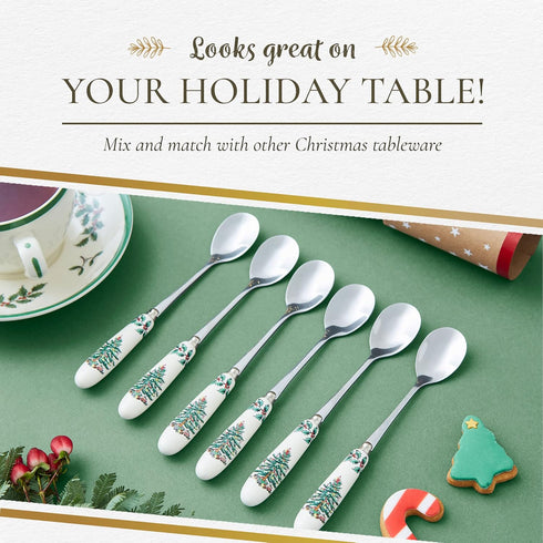 Spode Christmas Tree Teaspoons - Set of 6, Holiday Silverware for Desserts and Beverages, Stainless Steel Flatware with Porcelain Handles, 6-Inch ...