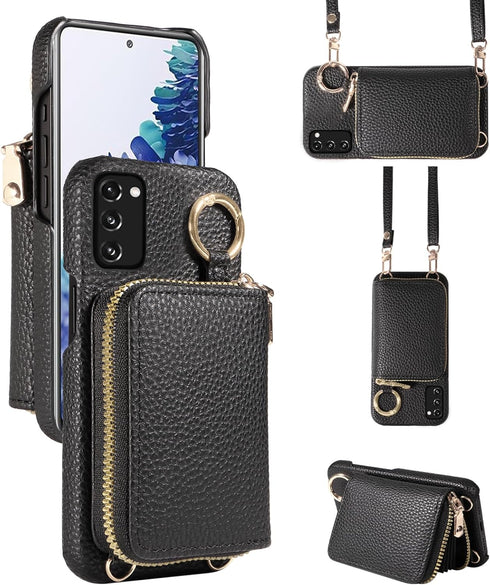 Furiet Wallet Case for Samsung Galaxy S20 FE 5G 6.5 inch Shoulder Strap Ring Buckle, Zipper Flip Organ Purse, Card Holder Phone Cover for S 20 EF ...