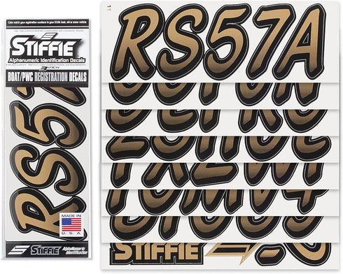 STIFFIE Whipline Metallic Gold/Black 3" Boat & PWC Registration Decals • Numbers Letters Stickers...