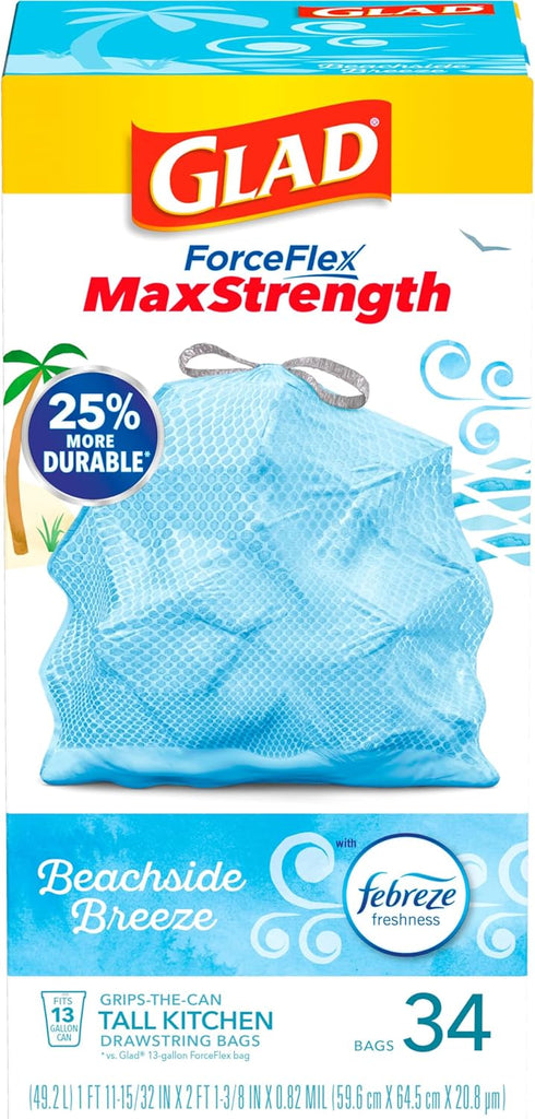Glad Trash Bags, ForceFlexPlus Tall Kitchen Drawstring Garbage Bags, 13 Gallon, Febreze Beachside Breeze, 34 Ct...