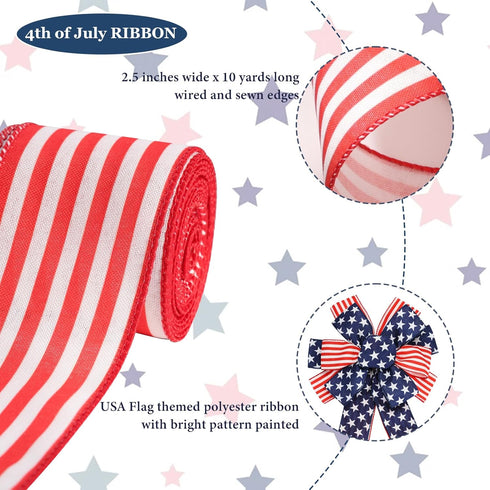 Independence Day Ribbon for Tree, Red and White Ribbons Wired Vertical Stripe Fabric Ribbon Gifts Wrapping DIY Crafts Wreath Garland Making Xmas T...