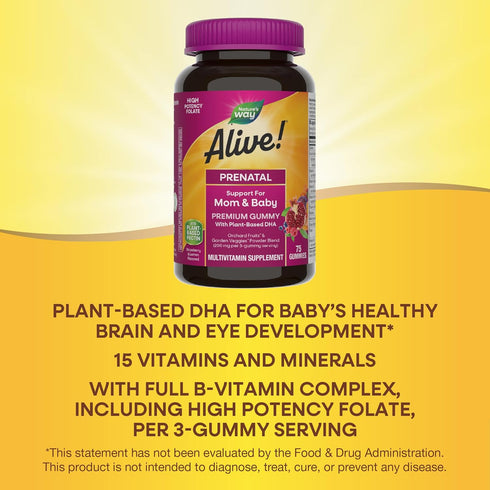 Nature’s Way Alive! Prenatal Premium Gummy Multivitamin, High Potency Folate, Plant-Based DHA, Vegetarian, Strawberry and Lemon Flavored, 75 Gummi...