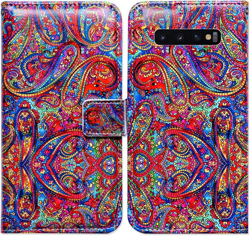 Case for Galaxy S10, Bright Paisley Pattern Flip Folio Leather Case Wallet Cover with ID Card Credit Card Slot Kickstand for Samsung Galaxy S10...