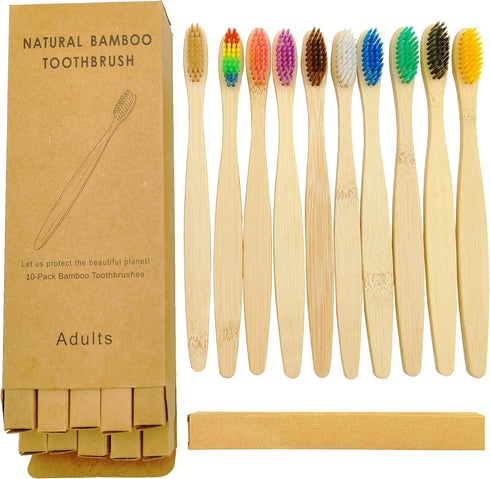 Bamboo Toothbrushes (10 Pack) | BPA Free Soft Bristles Tooth Brush, Eco Friendly Multi-Color Bristle Wood Tooth Brushes Recycled Biodegradable, So...