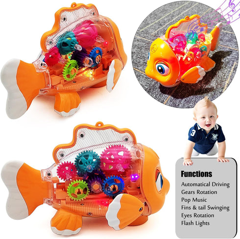 Tipmant Cute Electric Fish Toy Electronic Goldfish Animal Vehicle Car Auto Driving, Transparent Gears, Music, Flash Led Lights, Baby Toddler Kids ...