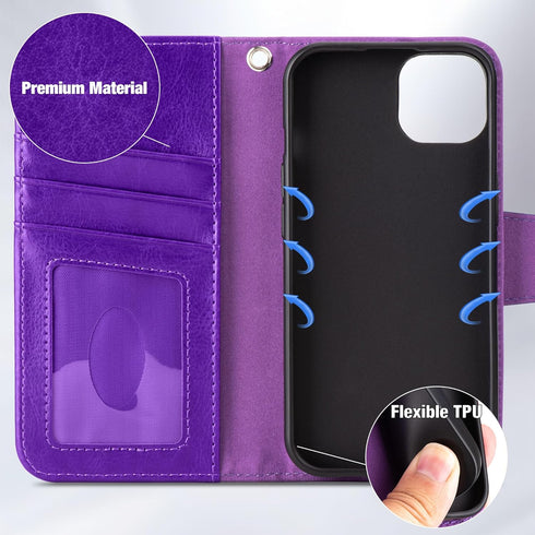 Arae Compatible with iPhone 13 Case with Card Holder and Wrist Strap Wallet Flip Cover for iPhone 13 6.1 inch,Purple......