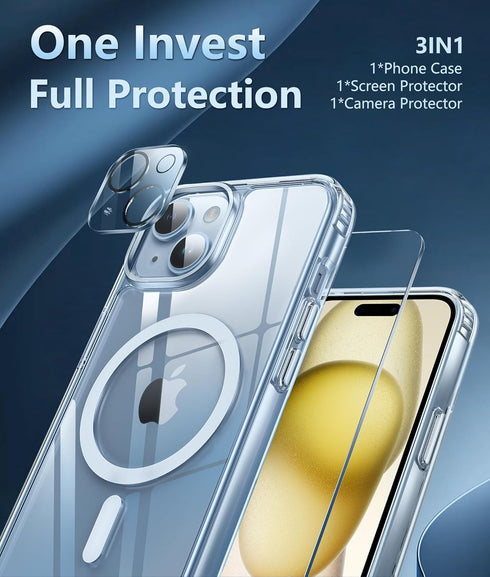 FNTCASE for iPhone 15-Plus Phone Case: Clear Case Military Grade Shockproof Protective Magnetic Cell Phone Cover, Anti Yellowing Scratch-Resistant...