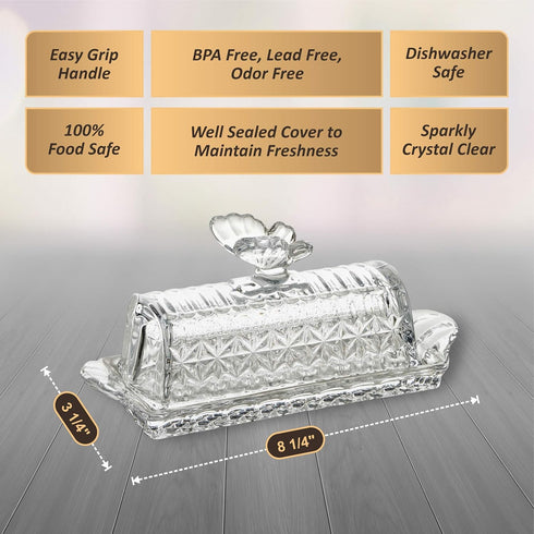 Bezrat Glass Butter Dish | Premium Butter Dish with Lid and Easy Grip Handle | Easy to Use and 100% Food Safe - Dishwasher Safe | Butterfly Additi...