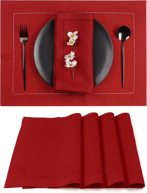 D'Moksha Homes Red Linen Placemats Set of 4 - Classic Hemstitch Placemats 14 x 19 Inch - 100% Pure Linen Table Mats for Summer, Fall and Halloween...