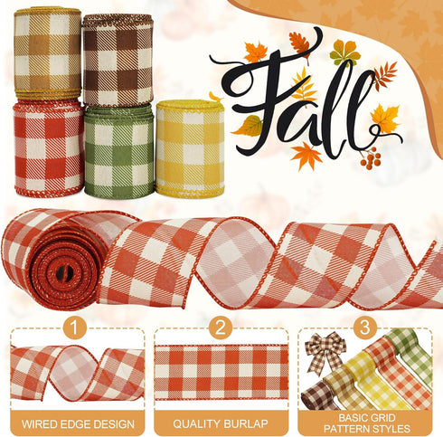 Fall Plaids Wired Edge Ribbon 30 Yards Gingham Patterned Ribbon Autumn Color Buffalo Plaids Fabric Craft Ribbon for Thanksgiving Wreath Bow Making...