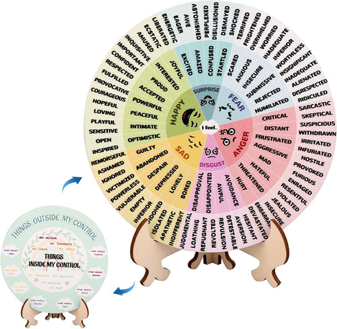NQEUEPN Feelings Wheel with Stand, 5.51 Inch Double-Sided Emotion Mental Health Mood Wheel Chart Wooden Feelings Wheel Gift for Women Men Home Off...