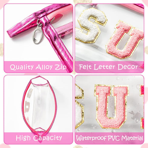 Y1tvei Preppy Patch SUN Varsity Letter Cosmetic Toiletry Bag Transparent PVC Zipper Makeup Bag Clutch Purse Portable Waterproof Travel Organizer C...