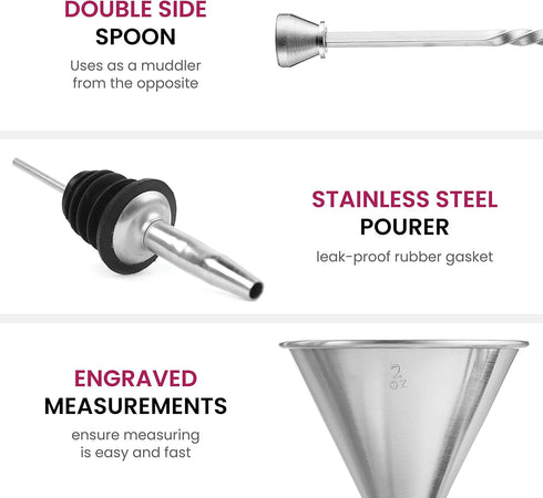 FineDine 7-Piece Cocktail Shaker Set - Bar Tools - Stainless Steel Bartender Kit, with All Bar Accessories, Cocktail Strainer, Double Jigger, Bar ...