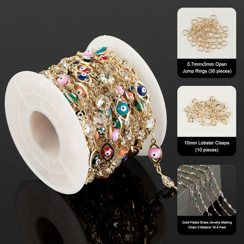 YOUBEIYEE Gold Plated Brass Bracelet Chain for Jewelry Making, Colorful Evil Eye Clear Glass Bead Rolo Chain Bulk with Jump Rings and Lobster Clas...