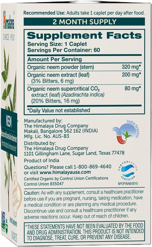 Himalaya Organic Neem Herbal Supplement, for Mild Acne & Clear Skin, Purifying, Ayurvedic, USDA Certified Organic, Non-GMO, Vegan, 600 mg, 60 Plan...
