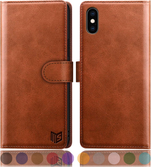 SUANPOT for iPhone X/XS 5.8" RFID Leather Wallet Case, Shockproof Flip Folio Cover, Card Holder - Light Brown...