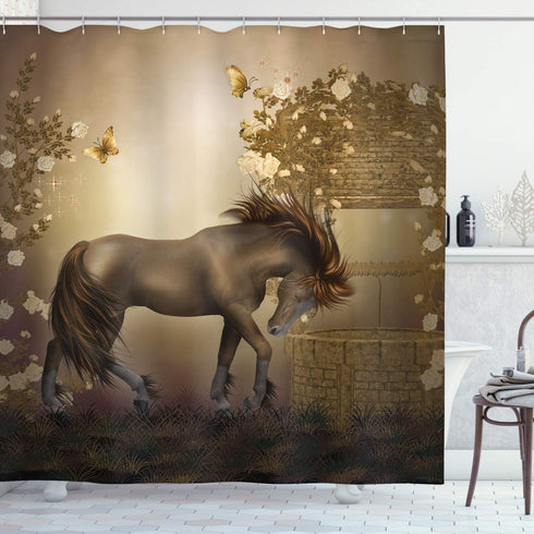 Ambesonne Mystic Shower Curtain, Horse in Roses Garden with Butterflies Fantasy Romantic Moon Print, Cloth Fabric Bathroom Decor Set with Hooks, 6...