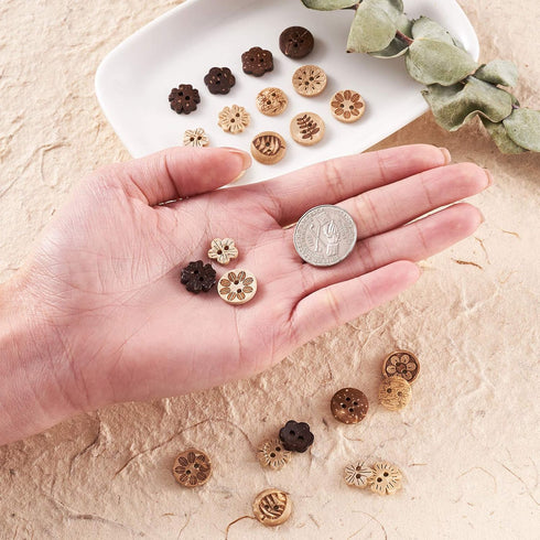 Pandahall 120pcs Coconut Shell Sewing Buttons 2 Holes Flower Leaf Basic Sewn-On Craft Buttons 12 Styles for DIY Sewing Clothing Accessories Scrapb...