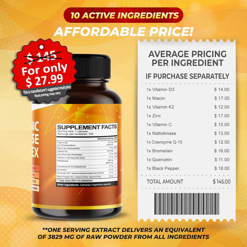 VEGATOT Organic Nattokinase Complex 7,500mg - 10IN1 Formula Vitamin D3, Niacin, Vitamin K2, Zinc, CoQ10, Quercetin - Made in The USA (150 count (p...