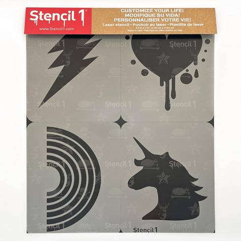 Stencil1 Rainbow | Heart | Unicorn | Bolt Four Pack Stencils 8.5 x 11 inches for Painting on T-Shirts, Bedroom Wall, Canvas, DIY Decorating and Ar...