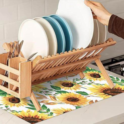 Summer Sunflowers Dish Drying Mats 18x24 Inch,Leaves Dish Pad Drying Rack Mat for Kitchen Counter Ultra Absorbent Microfiber Dishware Coffee Maker...