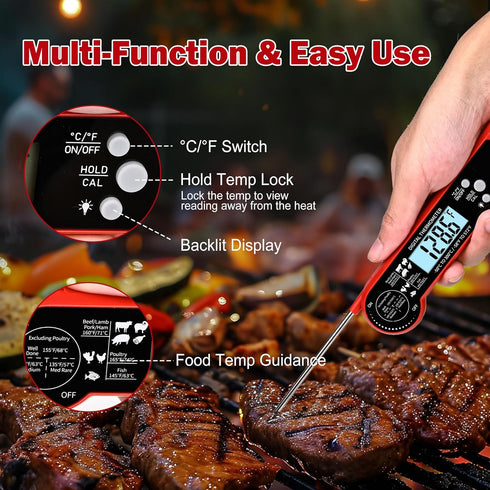 Instant Read Meat Thermometer with LCD Backlight, Waterproof Candy Thermometer and Food Thermometer for Cooking, Foldable Probe Meat Thermometer D...