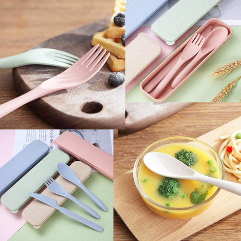 4 Sets Wheat Straw Cutlery,Portable Travel Spoon Fork Knife,Reusable Eco-Friendly BPA Free Utensils for Kids Adult Travel Picnic Camping(Green,Bar...