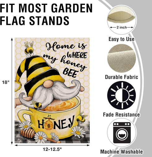 Home is Where My Honey Bumble Bee Gnome Decorative Garden Flag, House Yard Spring Summer Outside Decor, Outdoor Small Burlap Decoration Double Sid...