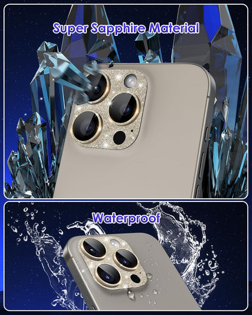 for iPhone 15 Pro/iPhone 15 Pro Max Camera Lens Protector Glitter Plus 9H Tempered Glass Screen Case Friendly Camera Cover for iPhone 15 Pro Max T...