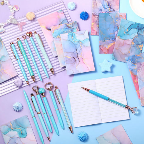 24 Pcs Marble Mini Notebooks with Ballpoint Pens Set Metal Crystal Diamond Pens Pretty Fancy Pens Gifts Marble Pocket Notepads Mini Journals Noteb...
